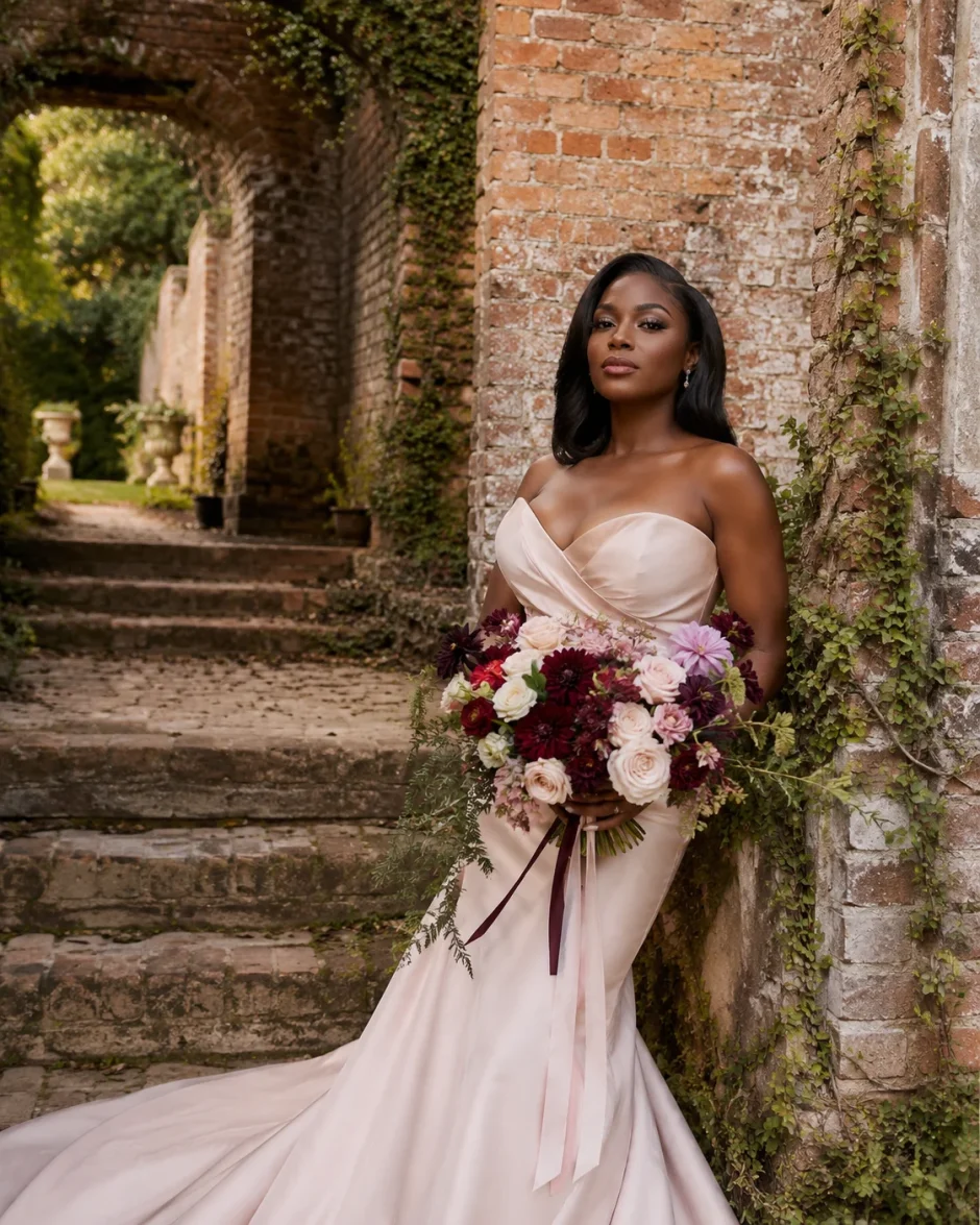 African American bride holding burgundy and blush wedding flowers beside historic brick ruins at a romantic fall wedding.