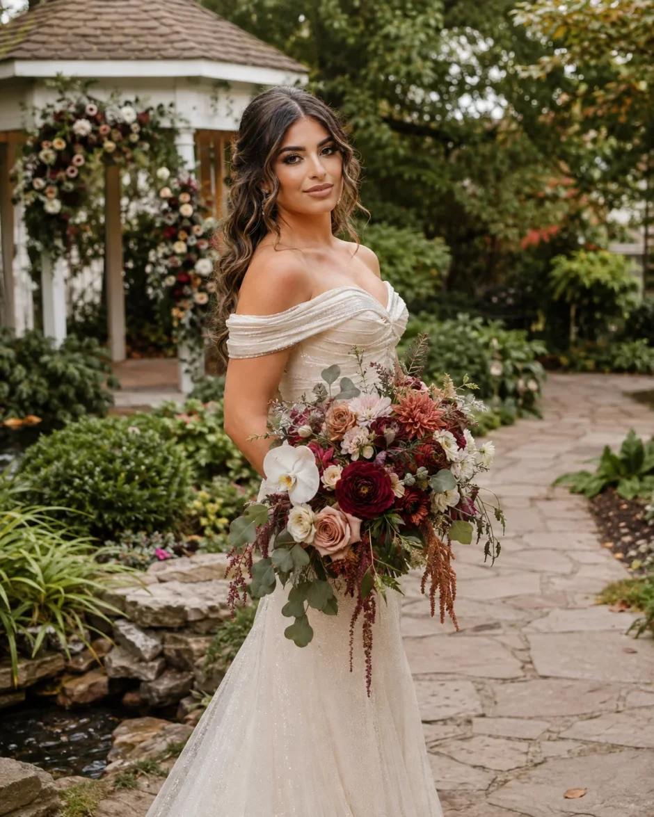 Lebanese bride holding a trendy fall wedding bouquet with burgundy dahlias, garden roses, orchids, ranunculus, and cascading greenery.