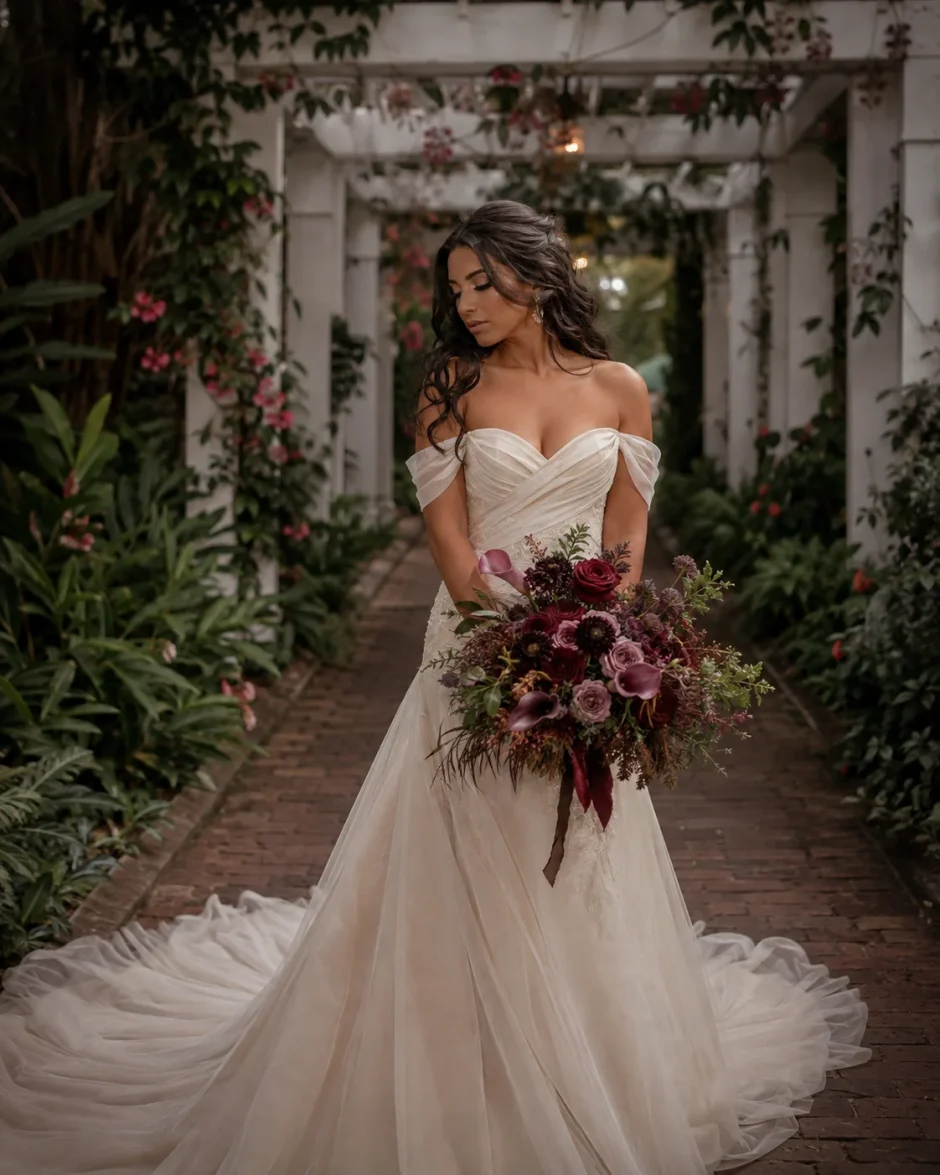 Mexican bride holding a moody fall wedding bouquet with burgundy roses, plum dahlias, dark calla lilies, scabiosa, and rich greenery in a botanical garden setting.