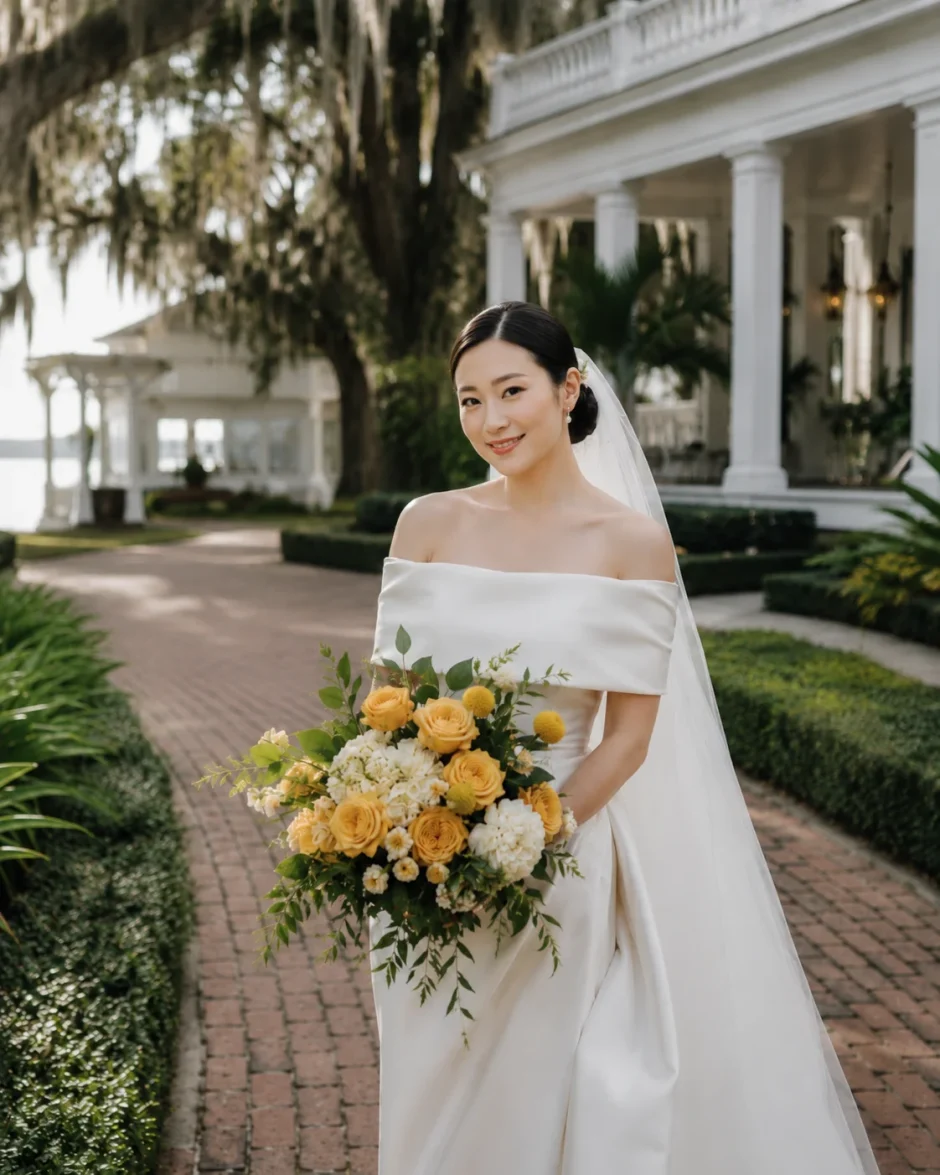 East Asian bride holding a mustard yellow wedding bouquet with emerald greenery at a lakefront estate wedding.