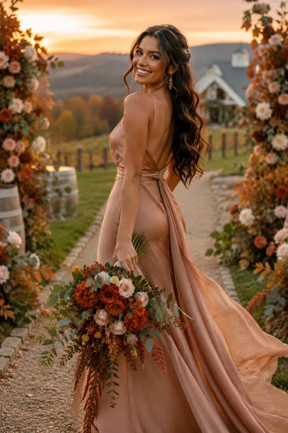 Brazilian bride holding a fall wedding bouquet with terracotta roses, dark orange hydrangeas, cream roses, berries, and greenery at a vineyard.