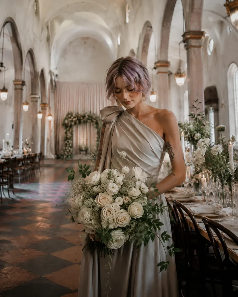 Artistic bride with short lavender hair holding a white and cream wedding bouquet while planning flowers for a 150-guest wedding.