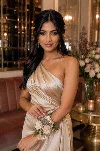 South Asian woman in a champagne satin dress wearing a blush spray rose wrist corsage with cream roses, greenery, and succulent accents.