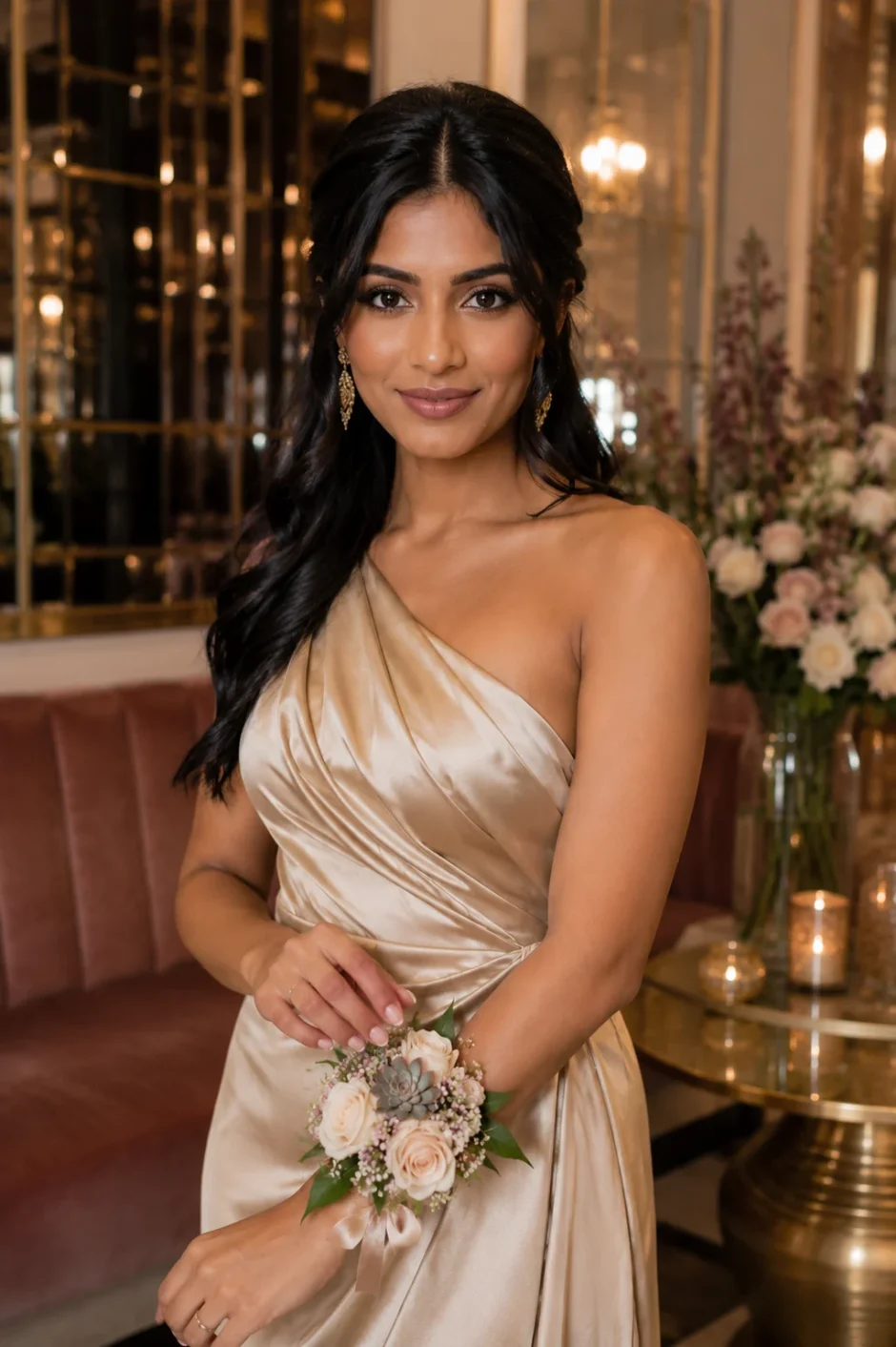 South Asian woman in a champagne satin dress wearing a blush spray rose wrist corsage with cream roses, greenery, and succulent accents.