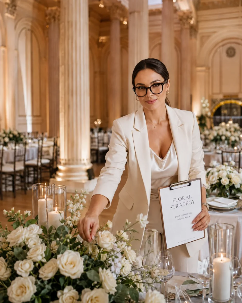 Wedding planner reviewing a wholesale wedding flower budget beside white roses, greenery, and candles in an elegant historic ballroom.
