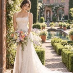 Chilean bride holding an Assorted Freesia bridal bouquet at Filoli Historic House and Garden in Woodside, California.