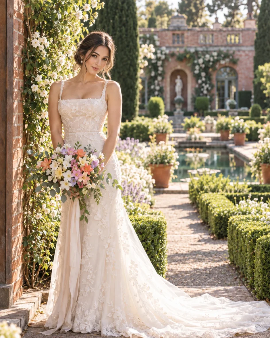 Chilean bride holding an Assorted Freesia bridal bouquet at Filoli Historic House and Garden in Woodside, California.