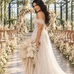 Colombian bride holding a bleached floral bouquet at The Greenhouse at Cypress Waters in Dallas, Texas