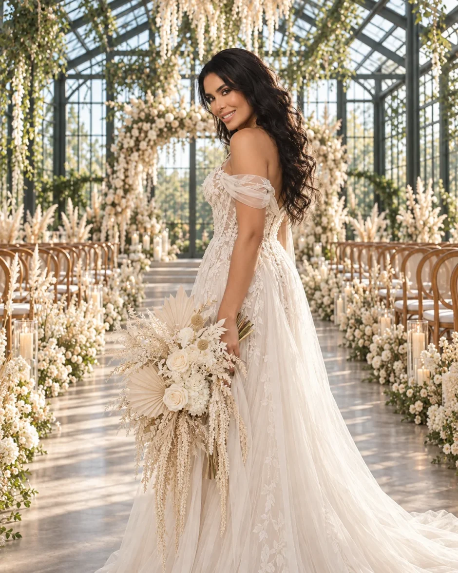 Colombian bride holding a bleached floral bouquet at The Greenhouse at Cypress Waters in Dallas, Texas