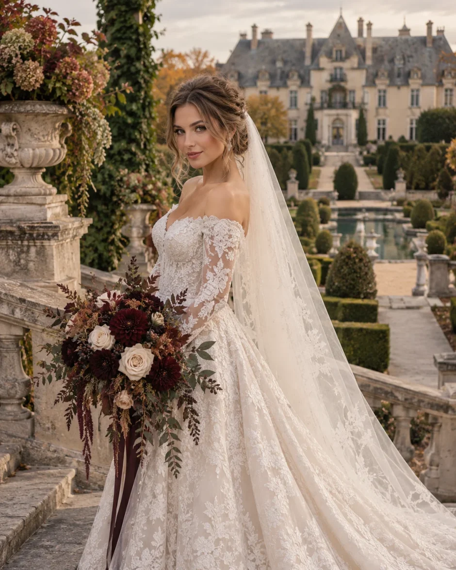 Polish bride holding a Chocolate Dahlia wedding bouquet at Oheka Castle in Huntington, New York
