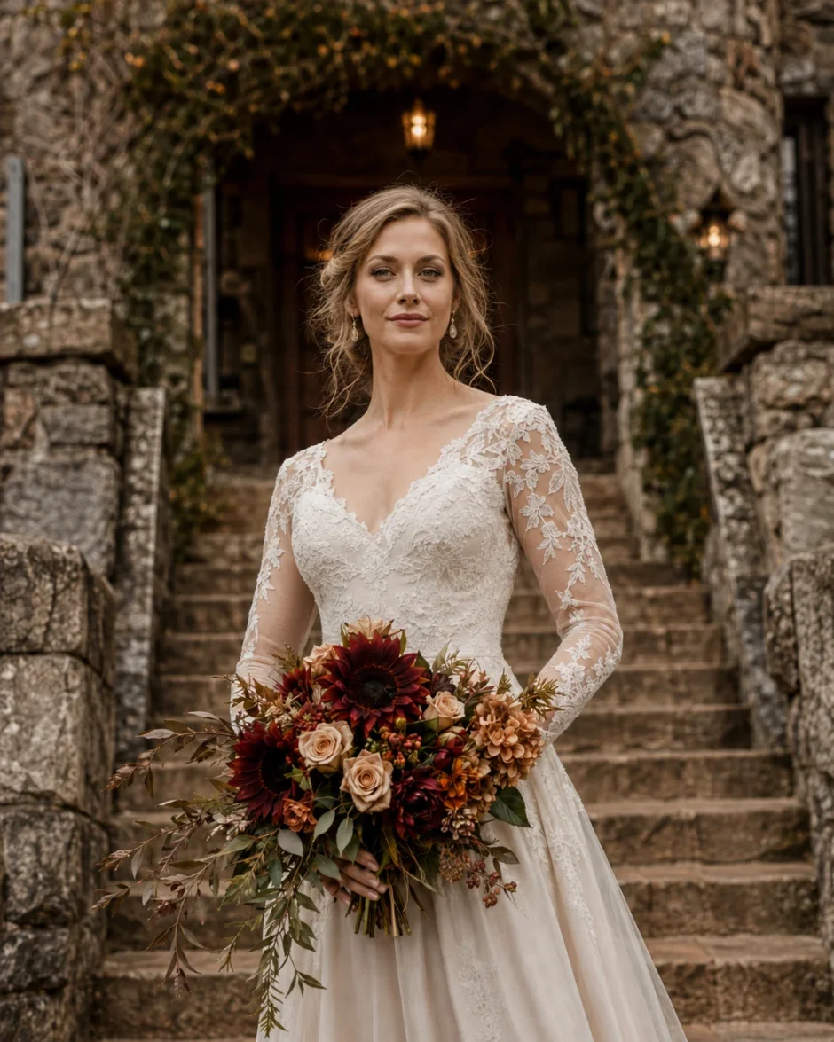 British bride holding a Chocolate Sunflower fall wedding bouquet with burgundy blooms, peach roses, berries, and greenery at a historic stone venue.