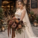 Bride holding a Coffee Rose and Fantail Willow fall wedding bouquet outside The Foundry Hotel in Asheville, North Carolina.