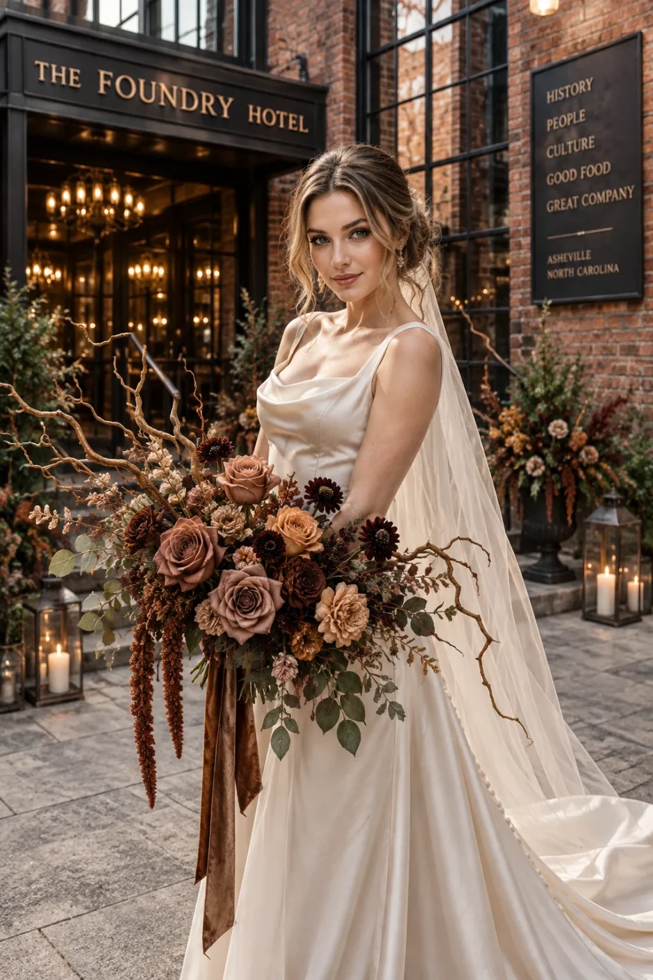 Bride holding a Coffee Rose and Fantail Willow fall wedding bouquet outside The Foundry Hotel in Asheville, North Carolina.