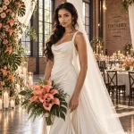 Moroccan bride holding a Coral Calla Lily wedding bouquet at The Foundry at Puritan Mill in Atlanta, Georgia.