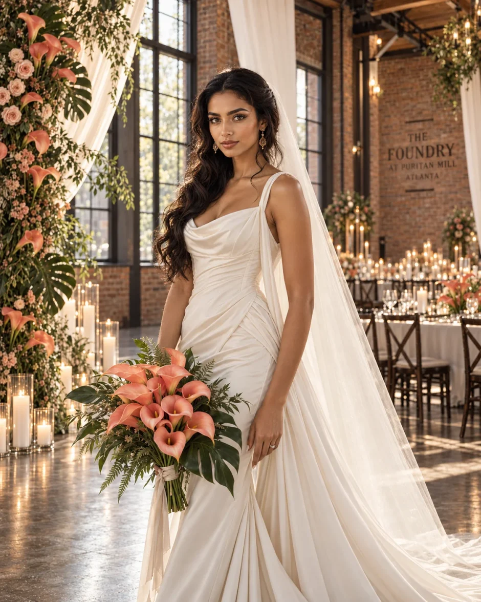 Moroccan bride holding a Coral Calla Lily wedding bouquet at The Foundry at Puritan Mill in Atlanta, Georgia.
