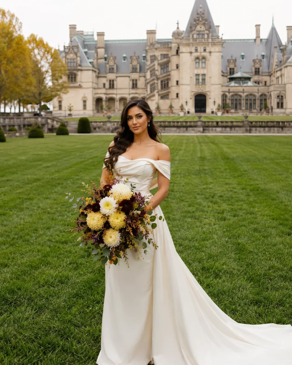 Bride holding a yellow and white Cremon Disbud fall wedding bouquet with burgundy accents on the lawn at Biltmore Estate.