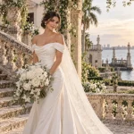 Turkish bride holding an Eskimo White Rose bridal bouquet at Vizcaya Museum and Gardens in Miami, Florida.