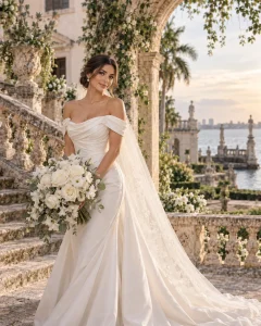 Turkish bride holding an Eskimo White Rose bridal bouquet at Vizcaya Museum and Gardens in Miami, Florida.