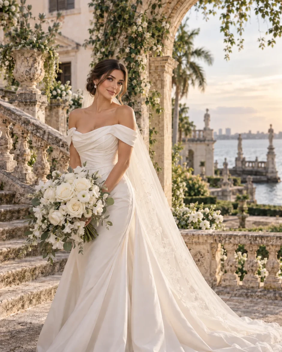 Turkish bride holding an Eskimo White Rose bridal bouquet at Vizcaya Museum and Gardens in Miami, Florida.
