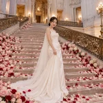 Japanese bride standing among fresh rose petals on the Grand Staircase at San Francisco City Hall.