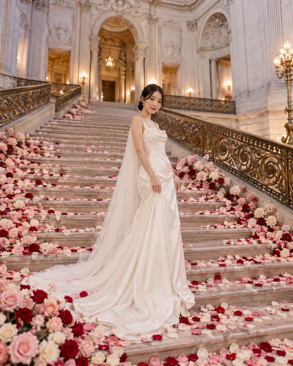 Japanese bride standing among fresh rose petals on the Grand Staircase at San Francisco City Hall.