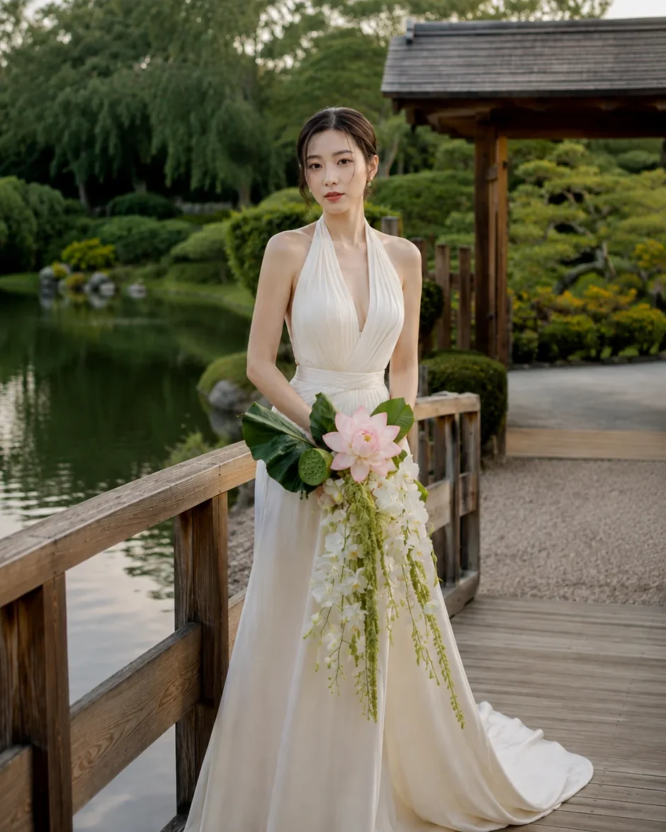 Bride holding a modern lotus wedding bouquet with pink lotus, lotus pod, white orchids, and trailing greenery in a Japanese garden.
