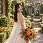 Malaysian bride holding an Orange Marigold fall wedding bouquet at Filoli Historic House and Garden in Woodside, California.
