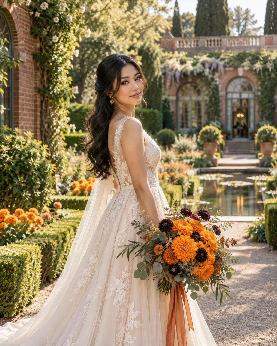 Malaysian bride holding an Orange Marigold fall wedding bouquet at Filoli Historic House and Garden in Woodside, California.