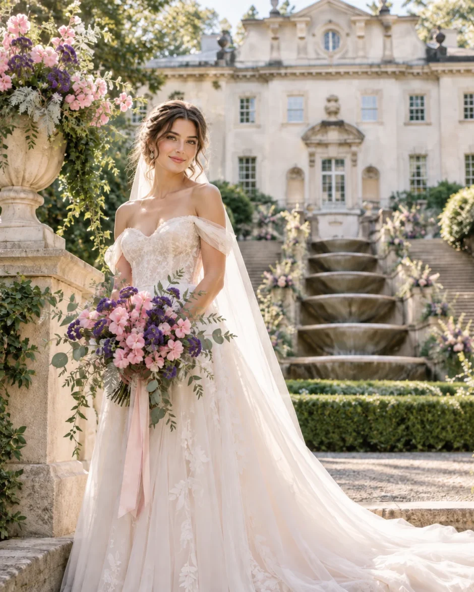 Bride holding a Pink Sweet Pea and Purple Statice fall wedding bouquet at Swan House in Atlanta, Georgia.