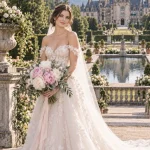 Welsh bride holding a White and Sarah Bernhardt Pink Peony bouquet at The Biltmore Estate Italian Garden in Asheville, North Carolina.