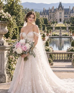 Welsh bride holding a White and Sarah Bernhardt Pink Peony bouquet at The Biltmore Estate Italian Garden in Asheville, North Carolina.