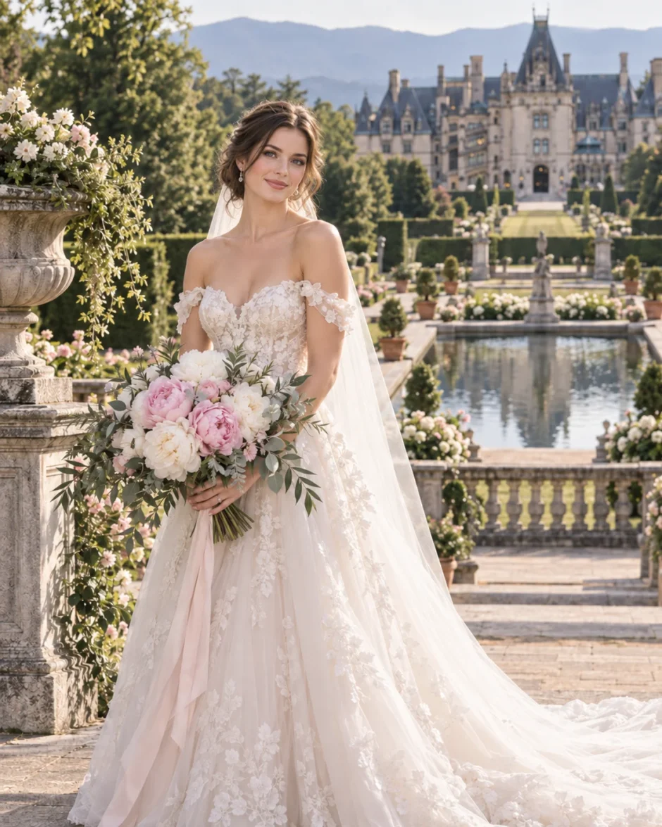 Welsh bride holding a White and Sarah Bernhardt Pink Peony bouquet at The Biltmore Estate Italian Garden in Asheville, North Carolina.