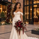 Biracial bride holding a rich burgundy wedding bouquet at The Foundry Hotel in Asheville, North Carolina.