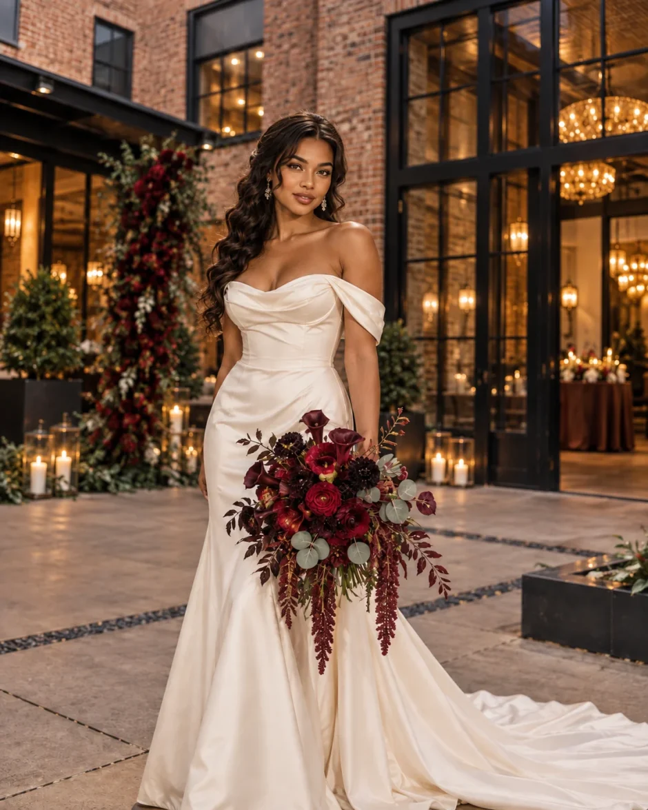 Biracial bride holding a rich burgundy wedding bouquet at The Foundry Hotel in Asheville, North Carolina.