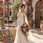 Ecuadorian bride holding a warm fall rose bouquet at Korakia Pensione in Palm Springs, California.