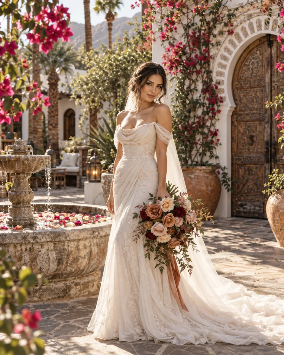 Ecuadorian bride holding a warm fall rose bouquet at Korakia Pensione in Palm Springs, California.