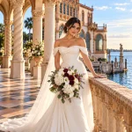 Guatemalan bride holding a white hydrangea, calla lily, and burgundy ranunculus bouquet at The Ringling in Sarasota, Florida.