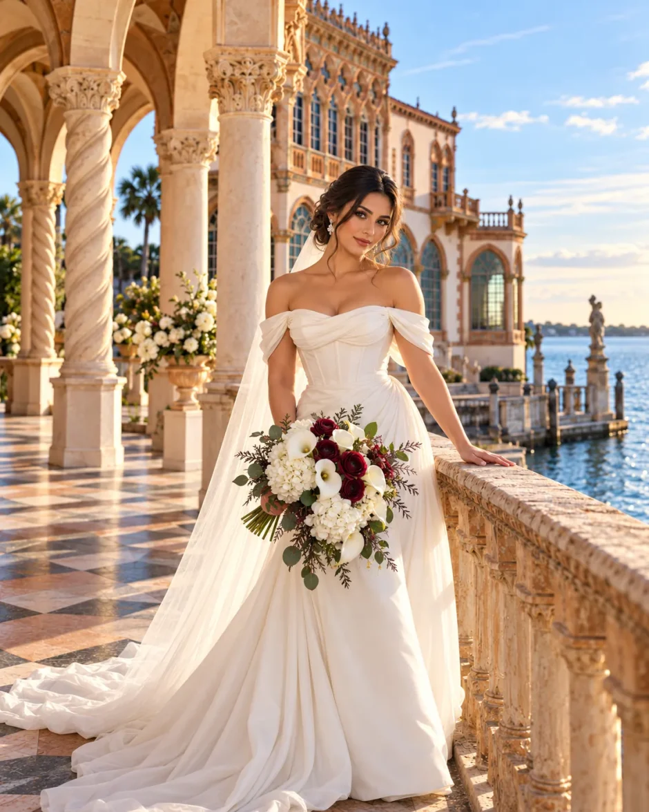 Guatemalan bride holding a white hydrangea, calla lily, and burgundy ranunculus bouquet at The Ringling in Sarasota, Florida.