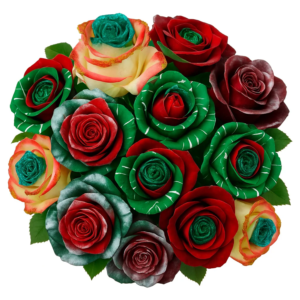Christmas Dyed Roses in festive red, green, gold, and silver tones arranged in a holiday bouquet.