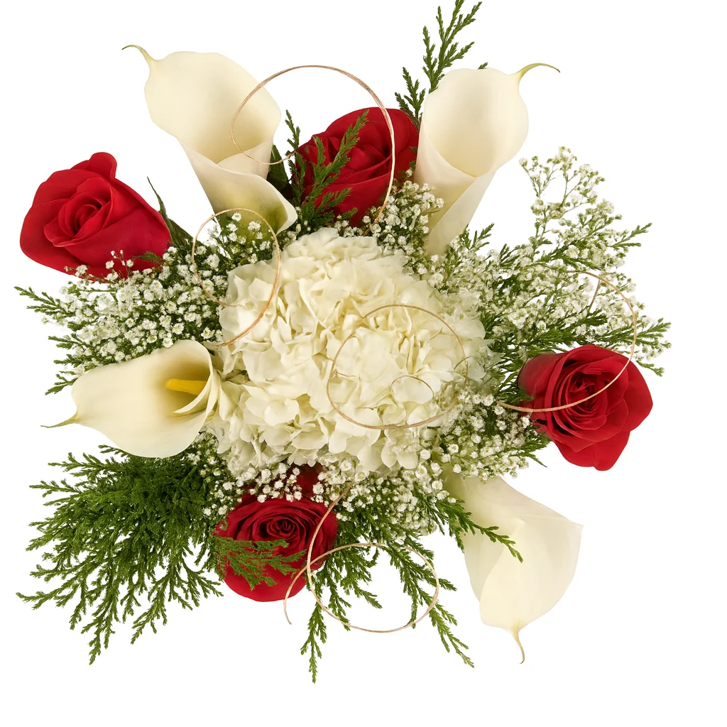 White calla lilies and red roses create classic centerpieces, perfect for weddings, love-themed events, and gifts.