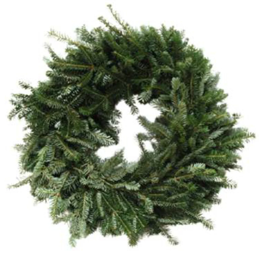 Classic fir wreath made from dense, lush green fir branches, arranged in a circular shape.