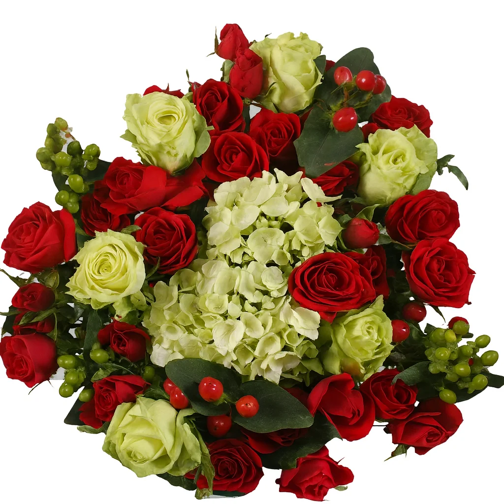 Green White Red Rose Centerpieces featuring red roses, green roses, white hydrangeas, and hypericum berries, perfect for Christmas and elegant events.