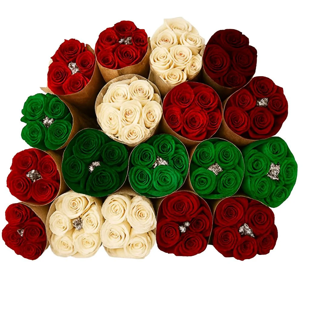 Christmas Fresh Roses Collection featuring red, green, gold, and silver roses with white centers arranged in a festive bouquet.
