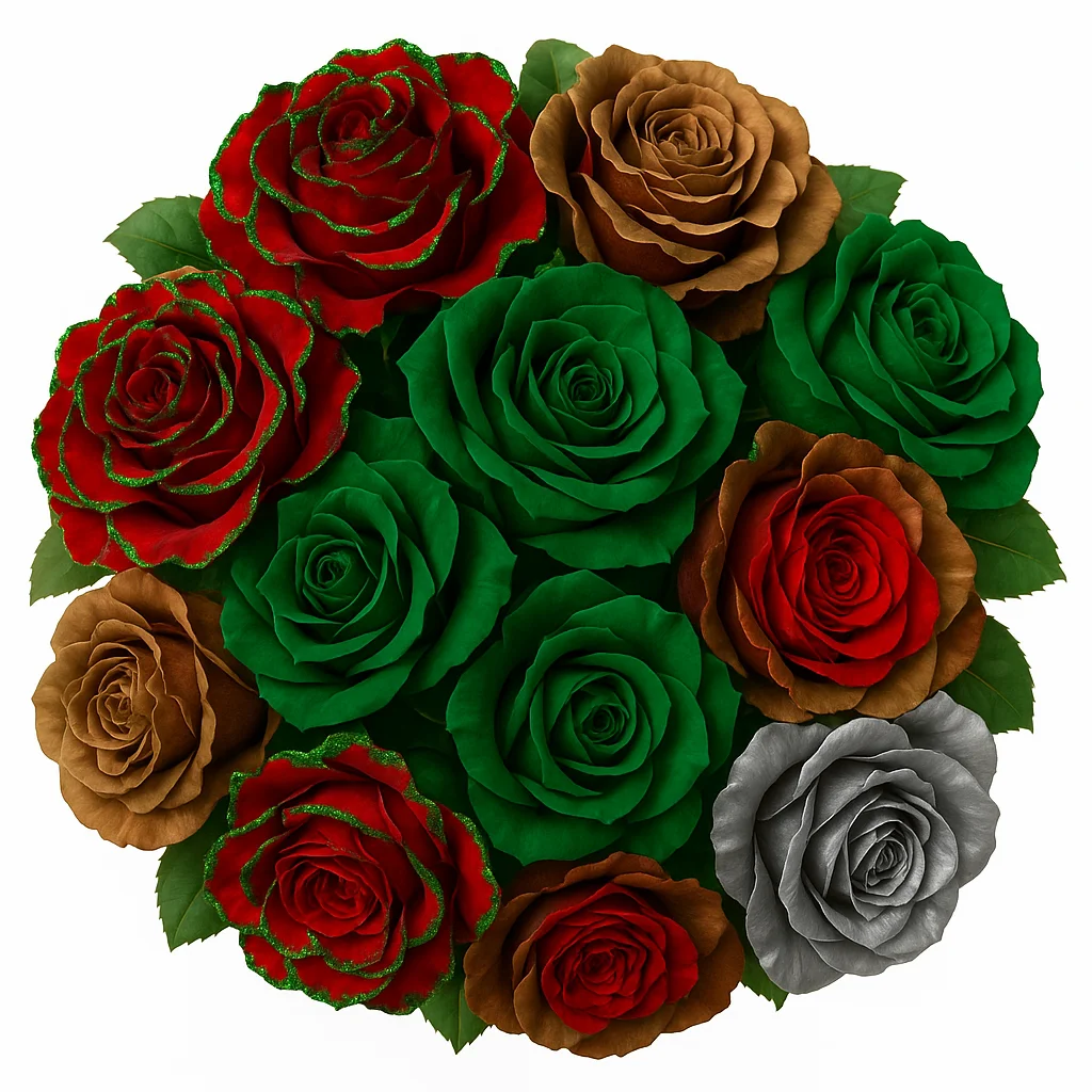 Xmas Bulb Dyed Roses in bright red, green, gold, and silver holiday tones arranged in a festive bouquet.
