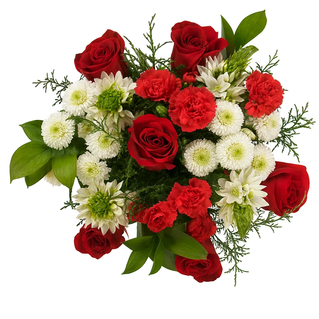 Red Roses & Mini Carnations Centerpiece with lush greenery and white accents, perfect for weddings, holiday events, and elegant table décor.