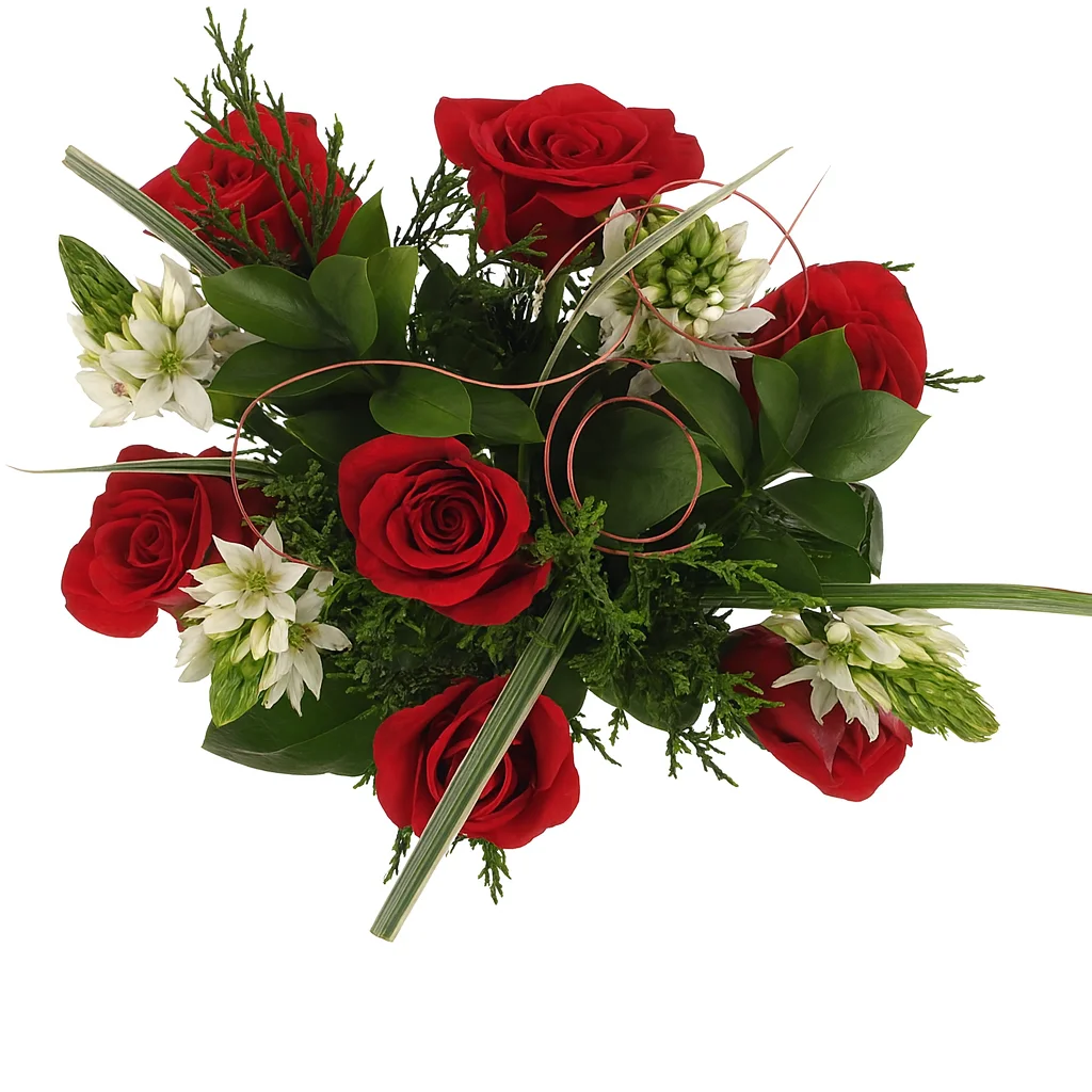 Bouquet of red roses, white Star of Bethlehem blooms, pine greenery, and looping decorative grass on a white background.