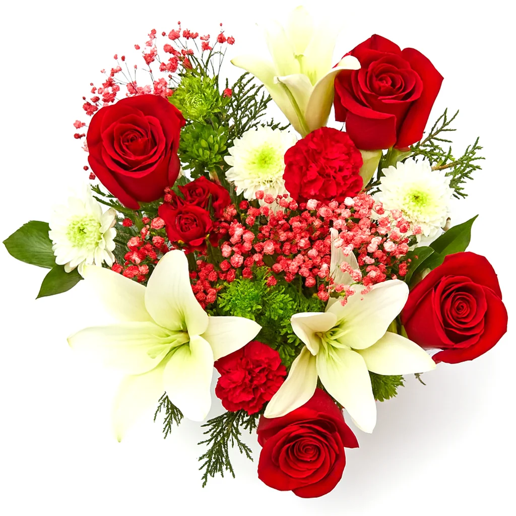 Elegant centerpiece with white lilies, red roses, lush greenery, and delicate filler flowers, perfect for weddings, holidays, and special occasions.