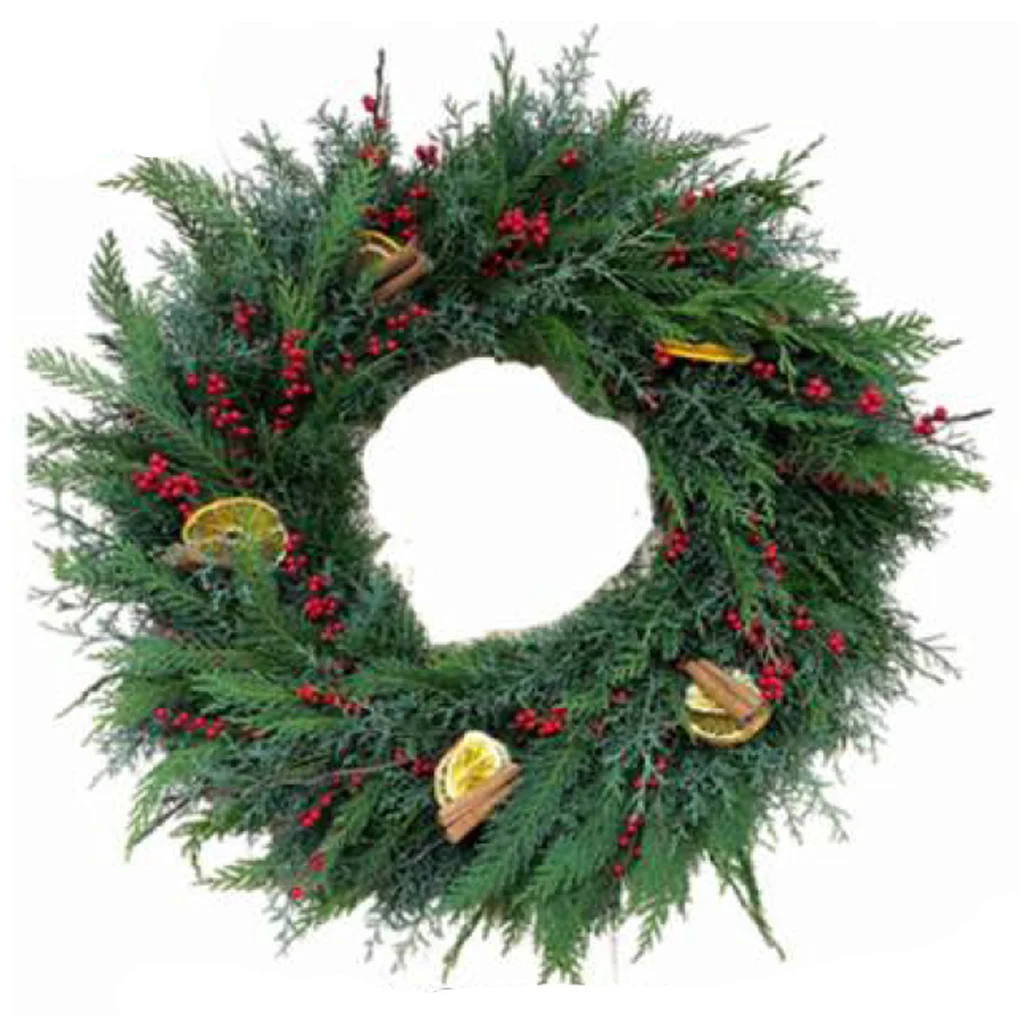 Santa’s Coming Wreath with Leyland Cypress, Carolina Sapphire, berries, oranges, and cinnamon sticks.