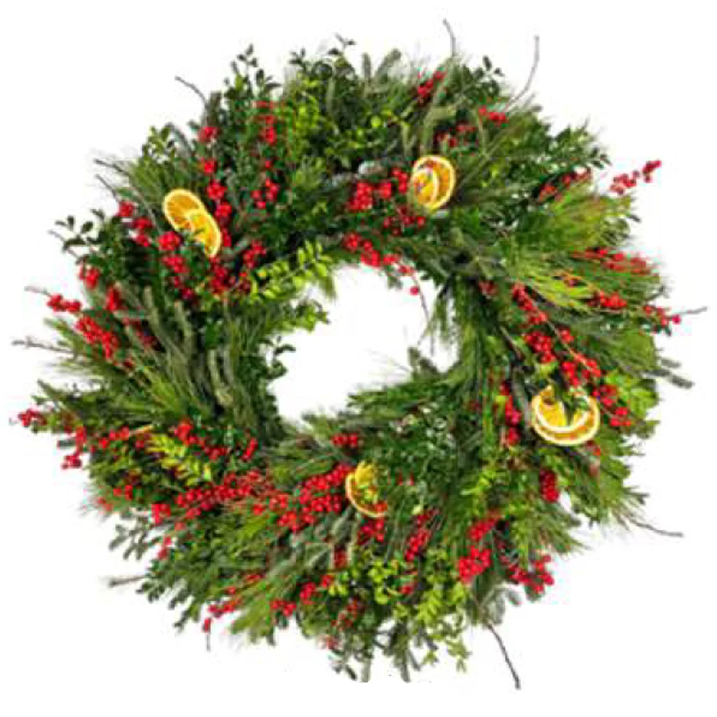 Spiced Cake Wreath with Fraser Fir, Boxwood, Pine, berries, and dried orange slices.