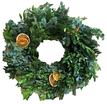 Elf on the Shelf Wreath with fresh boxwood, fir, eucalyptus, and orange slices. Playful and elegant holiday décor for doors, walls, or events.